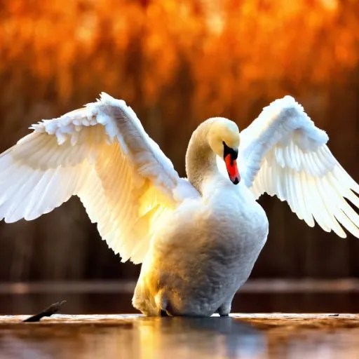 Swan spreading wings on water at sunset