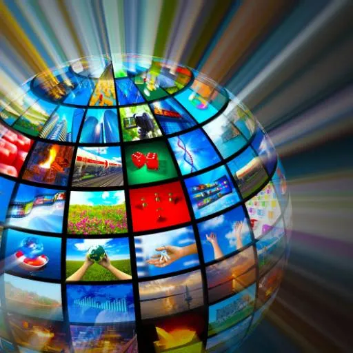 Colourful digital globe with various images and icons.